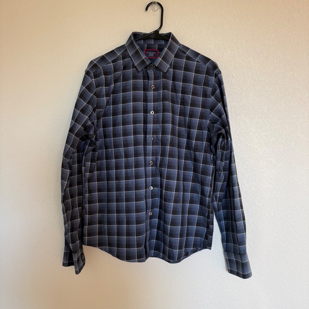 UNTUCKit Mens Medium Wrinkle Free Blue Black Plaid Cotton Button Down Shirt